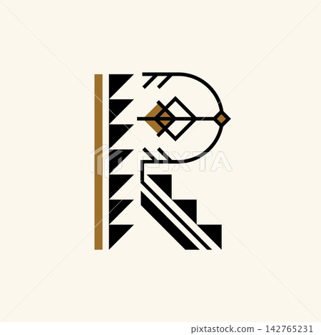 Stylized Geometric Letter R with Black and Gold Symmetrical Tribal Decorative Motifs on Beige Background Stylized Geometric Letter R with Black and Gold Symmetrical Tribal Decorative Motifs on Beige Background 142765231