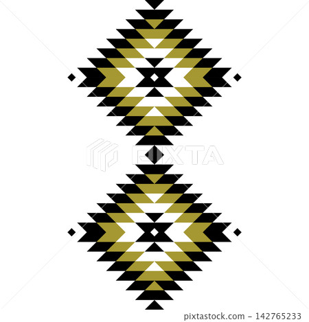 Symmetrical Geometric Diamond Pattern with Black and Olive Green Triangular Motifs on White Background Symmetrical Geometric Diamond Pattern with Black and Olive Green Triangular Motifs on White Background 142765233
