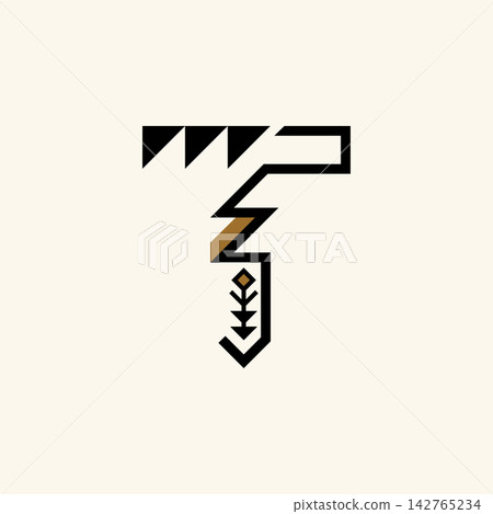 Stylized Geometric Letter T with Symmetrical Black and Brown Decorative Motifs on Beige Background Stylized Geometric Letter T with Symmetrical Black and Brown Decorative Motifs on Beige Background 142765234