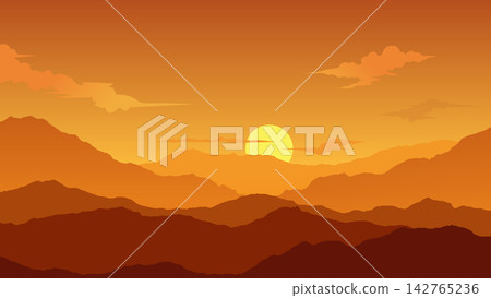Minimalist Sunset Mountain Landscape with Layered Silhouettes and Glowing Yellow Sun Minimalist Sunset Mountain Landscape with Layered Silhouettes and Glowing Yellow Sun 142765236