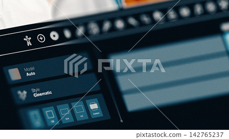 Editing software interface shows tools and options for video editing, focusing on model settings and style selection in a workspace Editing software interface shows tools and options for video editing, focusing on model settings and style selection in a workspace 142765237