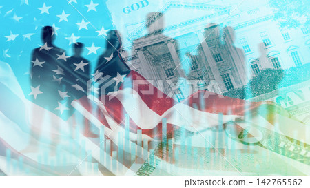 Business chart showing stock exchange trading with US flag and silhouettes of people in the background Business chart showing stock exchange trading with US flag and silhouettes of people in the background 142765562
