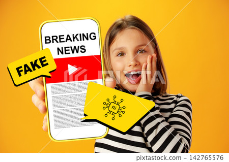 Girl holds smartphone showing fake news while looking surprised at home in the morning Girl holds smartphone showing fake news while looking surprised at home in the morning 142765576