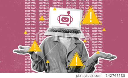 Discussion about fake news and deepfake technology as a person interacts with a laptop displaying warning signs Discussion about fake news and deepfake technology as a person interacts with a laptop displaying warning signs 142765580