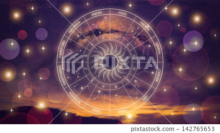Astrology zodiac signs chart with constellations in the night sky during sunset Astrology zodiac signs chart with constellations in the night sky during sunset 142765653