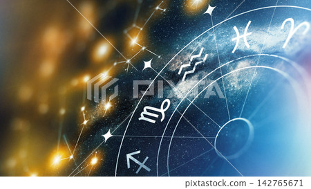 Astrology zodiac signs shown with stars and galaxies in the night sky Astrology zodiac signs shown with stars and galaxies in the night sky 142765671