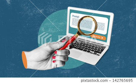 Spotting fake news using a magnifying glass on a laptop screen at a cafe during the daytime Spotting fake news using a magnifying glass on a laptop screen at a cafe during the daytime 142765695