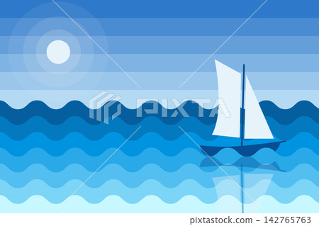 Stylized Sailboat with White Sails on Layered Blue Waves under Gradient Sky Stylized Sailboat with White Sails on Layered Blue Waves under Gradient Sky 142765763