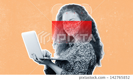 Woman using laptop with digital graphics in background, representing the spread of fake news Woman using laptop with digital graphics in background, representing the spread of fake news 142765852