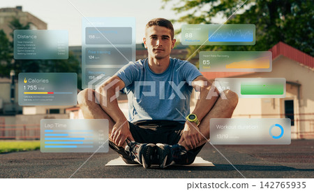 Data display after a workout session showing stats for distance, calories, and duration during a training activity at a sports facility Data display after a workout session showing stats for distance, calories, and duration during a training activity at a sports facility 142765935