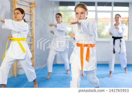 Teenage girls in kimono doing kata training Teenage girls in kimono doing kata training 142765953