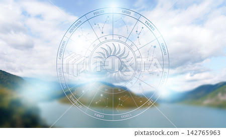Astrology zodiac signs chart with constellations above a lake and mountains in the background Astrology zodiac signs chart with constellations above a lake and mountains in the background 142765963