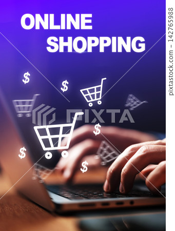 People using a laptop for online shopping with shopping carts and dollar signs on the screen People using a laptop for online shopping with shopping carts and dollar signs on the screen 142765988