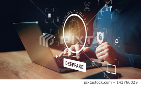 Person uses a laptop with deepfake technology symbols on the screen in a dark environment 142766029