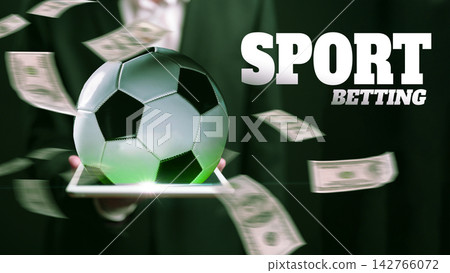 Sport betting with soccer ball and cash in a hand at a betting venue Sport betting with soccer ball and cash in a hand at a betting venue 142766072