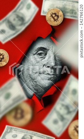 Dollar currency with detailed features on display surrounded by broken paper and coins Dollar currency with detailed features on display surrounded by broken paper and coins 142766120