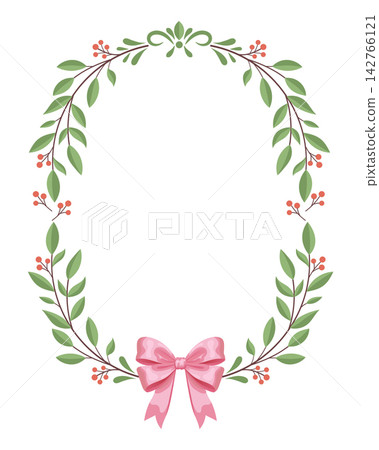 Green Leaf Oval Frame with Red Berries and Pink Ribbon Bow Decorative Border Green Leaf Oval Frame with Red Berries and Pink Ribbon Bow Decorative Border 142766121