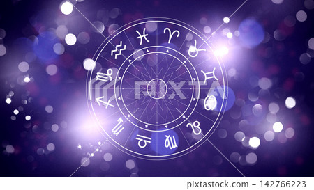 Astrology zodiac signs on a circle surrounded by light orbs in a dark background Astrology zodiac signs on a circle surrounded by light orbs in a dark background 142766223