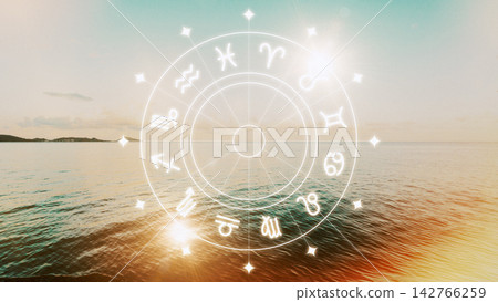 Zodiac signs and astrology symbols above calm ocean water at sunset 142766259