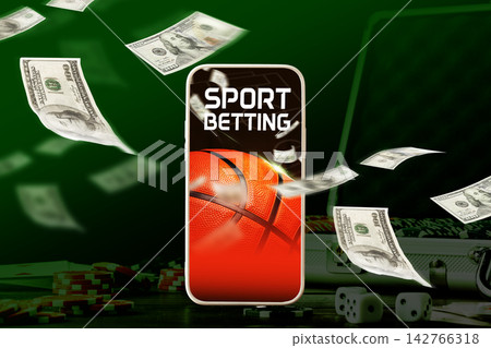 Sport betting on mobile with basketball and cash floating around Sport betting on mobile with basketball and cash floating around 142766318