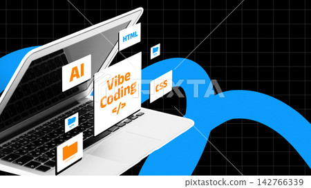 Vibe coding on a laptop with programming elements featuring AI, HTML, CSS, and more Vibe coding on a laptop with programming elements featuring AI, HTML, CSS, and more 142766339