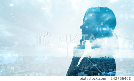 Thinking woman and digital technology concept Thinking woman and digital technology concept 142766468