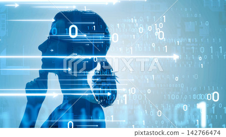 Thinking woman and digital technology concept 142766474