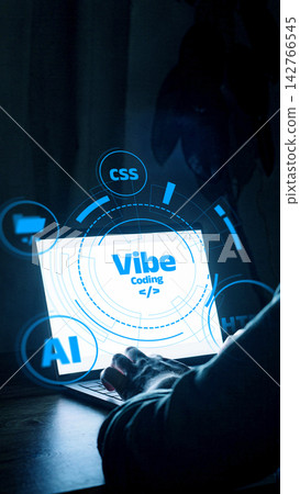 Vibe coding on a laptop with various tech icons displayed at night Vibe coding on a laptop with various tech icons displayed at night 142766545