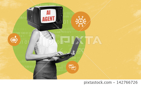 Woman using a laptop with a television for a head displaying the words AI agent in a digital setting Woman using a laptop with a television for a head displaying the words AI agent in a digital setting 142766726