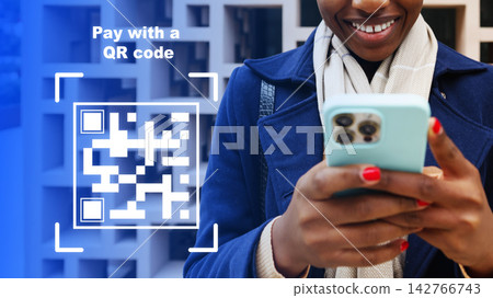 User making an online payment using a QR code at a modern store User making an online payment using a QR code at a modern store 142766743