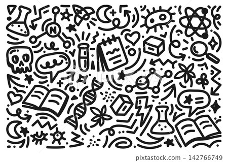 Playful Science Doodle with DNA, Atom, and Lab Icons Playful Science Doodle with DNA, Atom, and Lab Icons 142766749