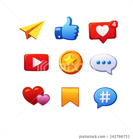 Colorful Social Media Communication Icons Grid with Likes, Messages, and Hashtags Colorful Social Media Communication Icons Grid with Likes, Messages, and Hashtags 142766751