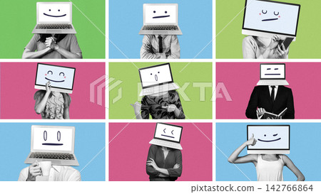 People with laptop screens as heads show various expressions in a creative display People with laptop screens as heads show various expressions in a creative display 142766864