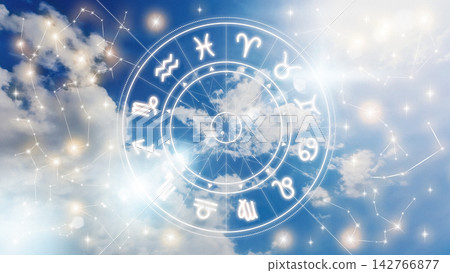 Zodiac signs and constellations surrounded by clouds in a clear blue sky Zodiac signs and constellations surrounded by clouds in a clear blue sky 142766877