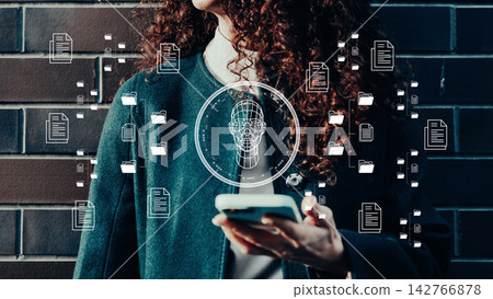 Deep fake technology shown in digital artwork with a person looking at a smartphone Deep fake technology shown in digital artwork with a person looking at a smartphone 142766878