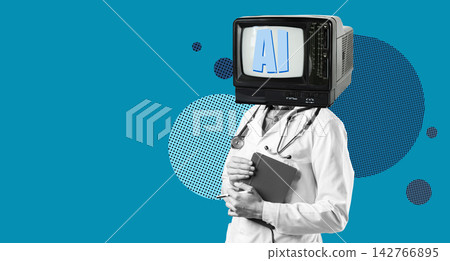Representation of a medical professional with a television head featuring AI text on bright background Representation of a medical professional with a television head featuring AI text on bright background 142766895