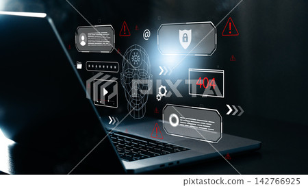 Digital face representation shows deep fake technology in action with computer display and virtual icons Digital face representation shows deep fake technology in action with computer display and virtual icons 142766925