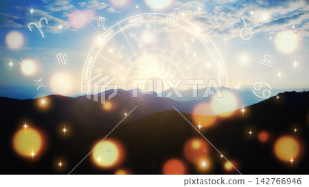 Astrology zodiac signs appear over a sunset mountain view with soft lights and shining stars Astrology zodiac signs appear over a sunset mountain view with soft lights and shining stars 142766946