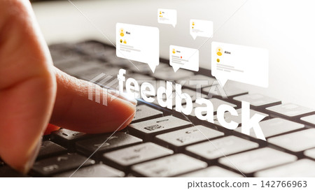 Discussion on feedback with user comments displayed on a keyboard Discussion on feedback with user comments displayed on a keyboard 142766963