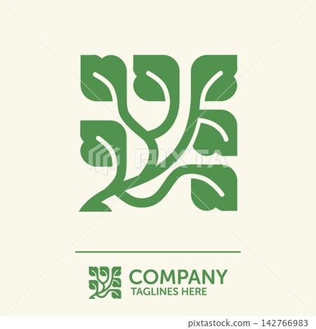 Green Square Emblem with Intertwining Branches and Leaves in Modern Nature Design Green Square Emblem with Intertwining Branches and Leaves in Modern Nature Design 142766983