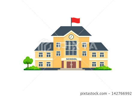 Yellow School Building with Clock Tower and Red Flag 142766992
