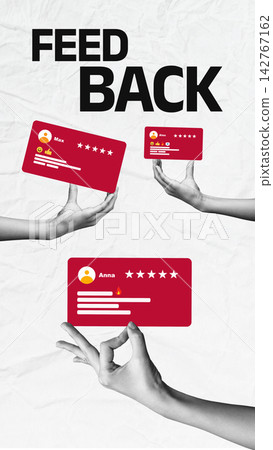 Feedback cards displayed by hands with ratings shown, highlighting user reviews and testimonials Feedback cards displayed by hands with ratings shown, highlighting user reviews and testimonials 142767162