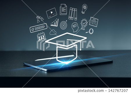E learning and digital education using modern technology with different learning tools on a tablet screen E learning and digital education using modern technology with different learning tools on a tablet screen 142767207