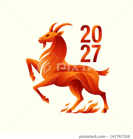 Fiery Orange Zodiac Goat with Flames and Bold 2027 Gradient Text Illustration 142767208