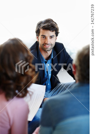 Financial advisor, consultant and couple with broker for advice, investment and planning for retirement fund. People, group or man with woman, accounting and mortgage with insurance, talk or feedback 142767239