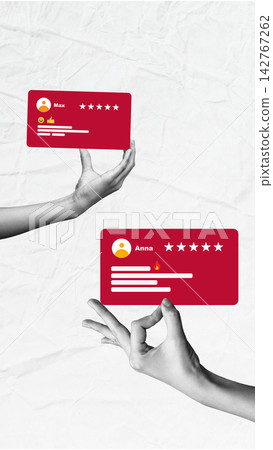 Hands holding feedback cards with ratings and comments Hands holding feedback cards with ratings and comments 142767262