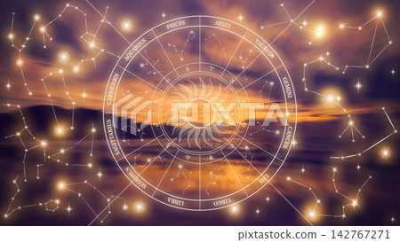 Astrology zodiac signs with constellations over a sunset sky by the ocean Astrology zodiac signs with constellations over a sunset sky by the ocean 142767271