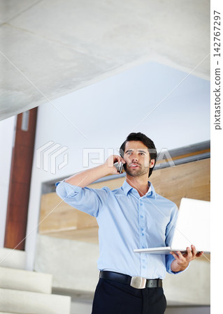 Businessman, laptop and happy with phone call for conversation, online and networking for problem solving with discussion. Man, smartphone and internet for email, communication and business task. Businessman, laptop and happy with phone call for conversation, online and networking for problem solving with discussion. Man, smartphone and internet for email, communication and business task. 142767297
