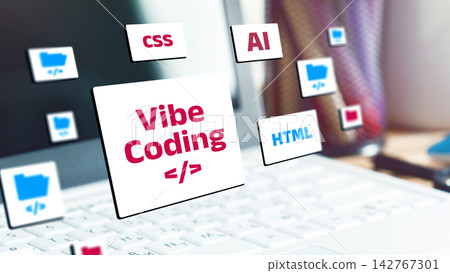 Vibe coding with focus on programming languages and tools displayed on a laptop screen Vibe coding with focus on programming languages and tools displayed on a laptop screen 142767301