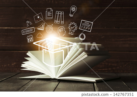 E learning trends with icons above an open book representing knowledge and study E learning trends with icons above an open book representing knowledge and study 142767351